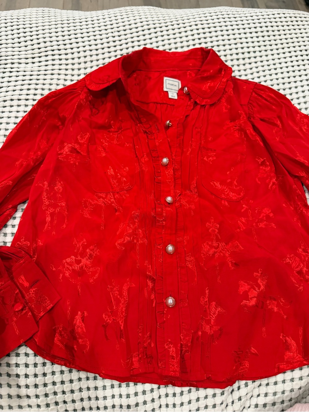 Maeve Red Ruffle-Trim Button Down Blouse skirt set